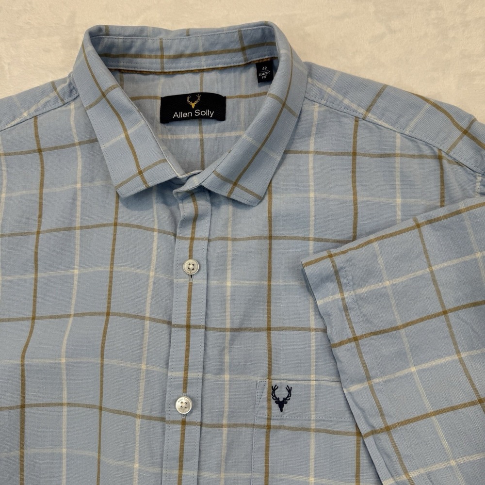Allen Solly Men Blue Check Cotton Linen Short Sleeve Button Down Shirt Size 42 L